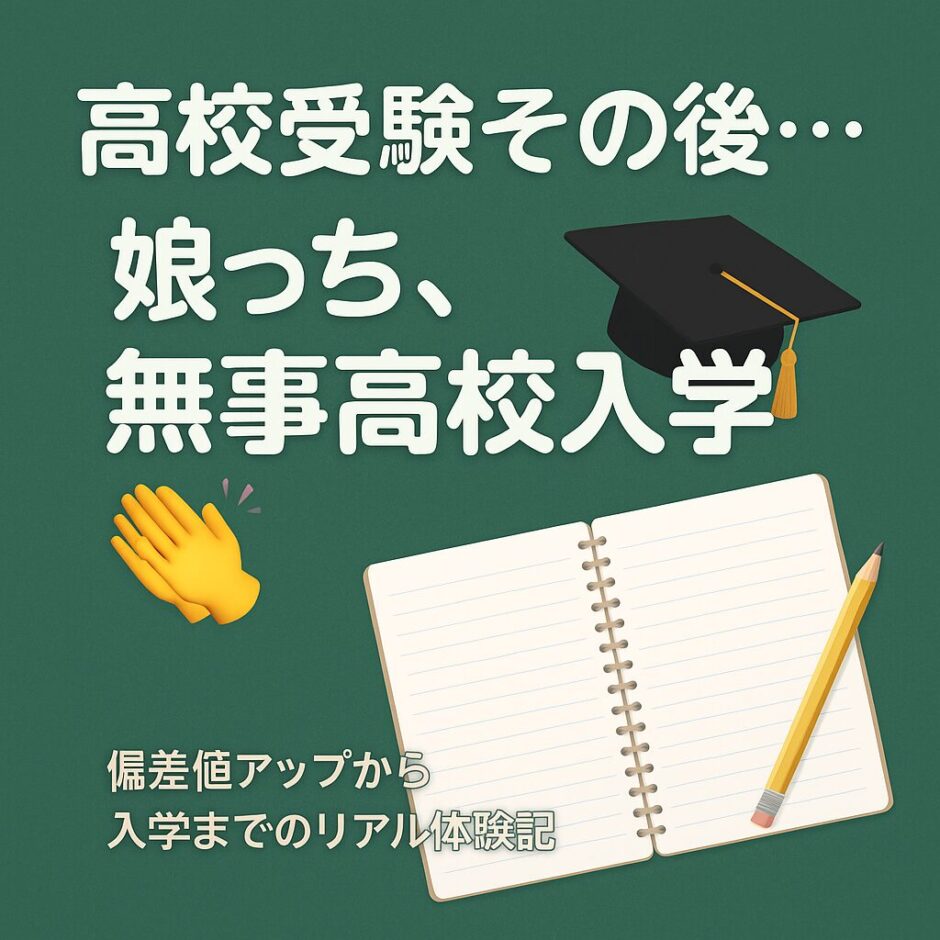 ノートと鉛筆を背景に「高校受験その後 娘っち無事高校入学」と文字が入ったブログ用アイキャッチ画像