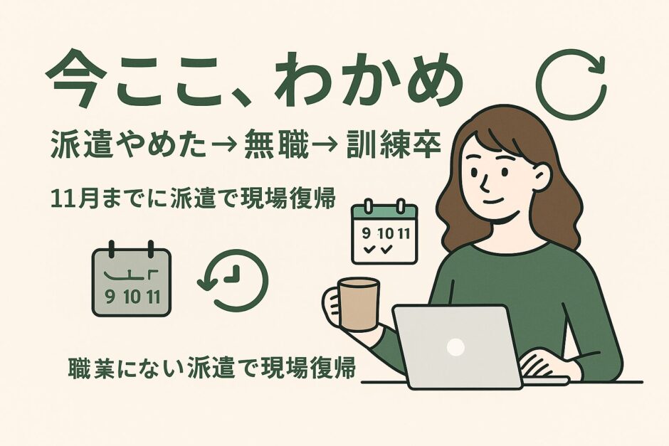 ノートPCと女性のイラストのOG画像「今ここ、わかめ」