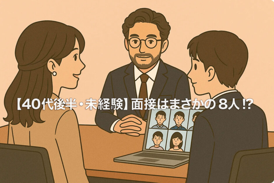 面接で部長と話す40代女性。隣に若い男性の営業担当。PC画面にはリモート参加の面接官が表示されている。